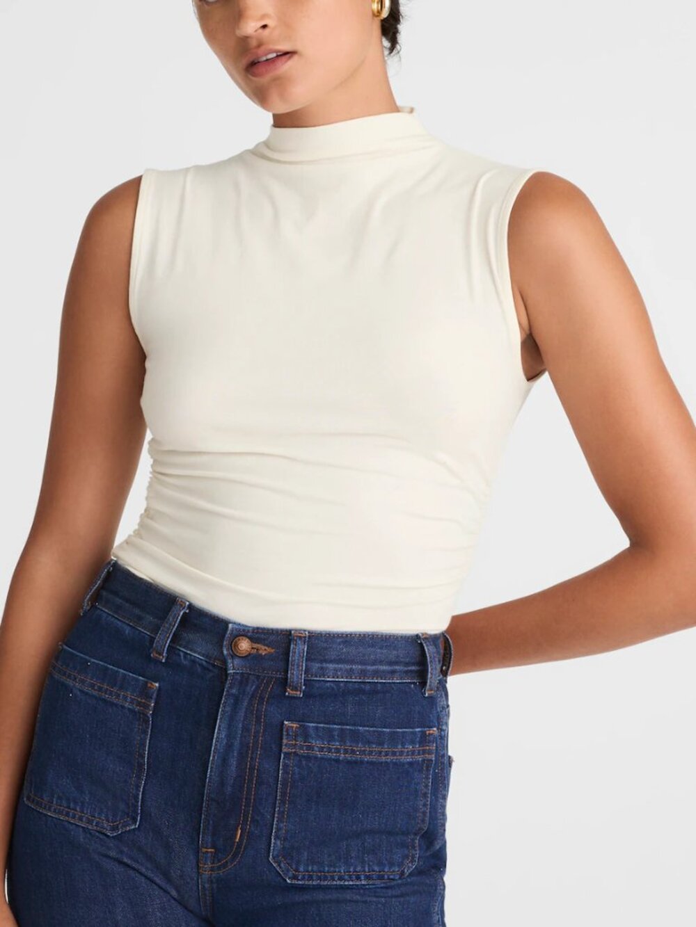 Madewell Ruched Mockneck Drapey Cotton Slim Fit Tank Ivory Size S NWT